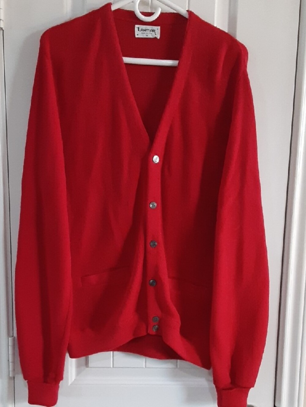 VTG 70s Lahmar red Links Knit Cardigan Sweater M USA Wintuk Grandpa Golf Pockets